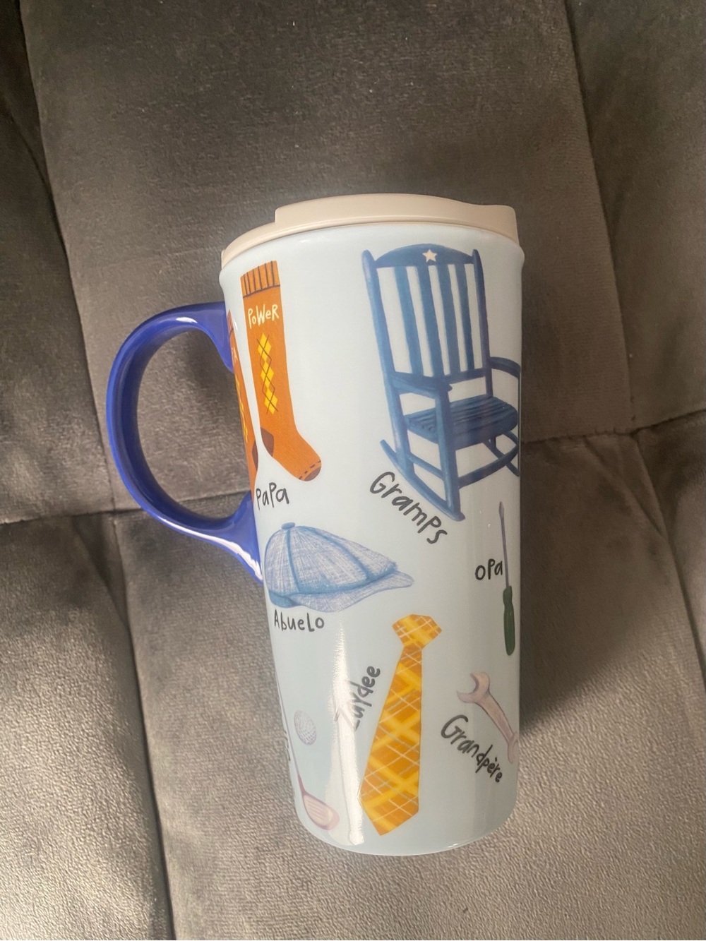 Blue Handle Ceramic Travel Mug with Family Motif - Blue/Yellow for grandpa
